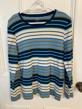 Northern Reflections Blue, Teal & Olive Striped Long Sleeve Tee